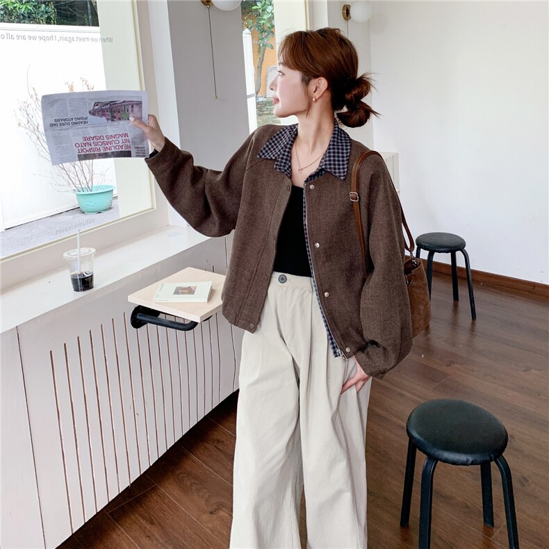 假两件拼接格纹拼接咖色毛呢外套女秋冬2025新款小个子巨好看上衣,女装短外套,2C205