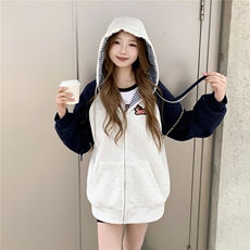 现货2026春秋季连帽外套女针织撞色可爱风学生休闲百搭外套，女装卫衣/绒衫，网红馆