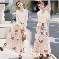 2026年春季新款时尚气质圆领印花半身裙两件套，女装套装/套裙，蓝诺裳