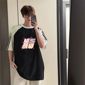 抖音得物品质二开240克宽松纯棉美式潮牌插肩三杠织带短袖T恤图片