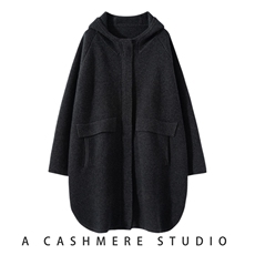 秋冬百搭温柔休闲时尚宽松四平连帽羊绒大衣，女装羊绒大衣，艾森羊绒
