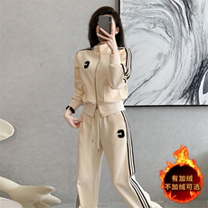 时尚拼接条纹开衫卫衣+阔腿长裤两件套潮流显瘦休闲套装，女装套装/套裙，江南