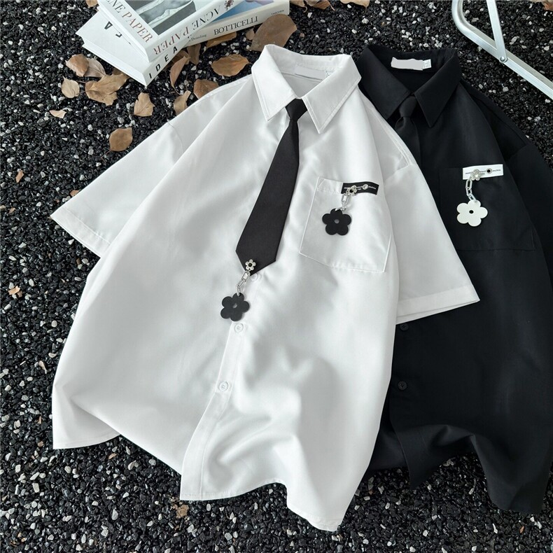 2025夏季花朵挂饰polo领衬衣女学院风小众衬衫休闲上衣CY1166-P39,男装衬衫,星座412-2