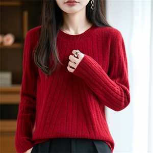 秋冬圆领加厚100%纯羊毛衫女坑条针织毛衣宽松显瘦打底羊绒衫上衣图片
