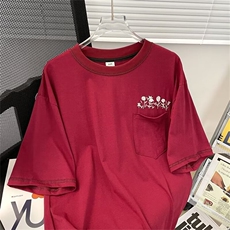 暗红色刺绣工装短袖T恤男女夏重磅小众设计感复古半袖小花上衣，男装T恤，星座601-2