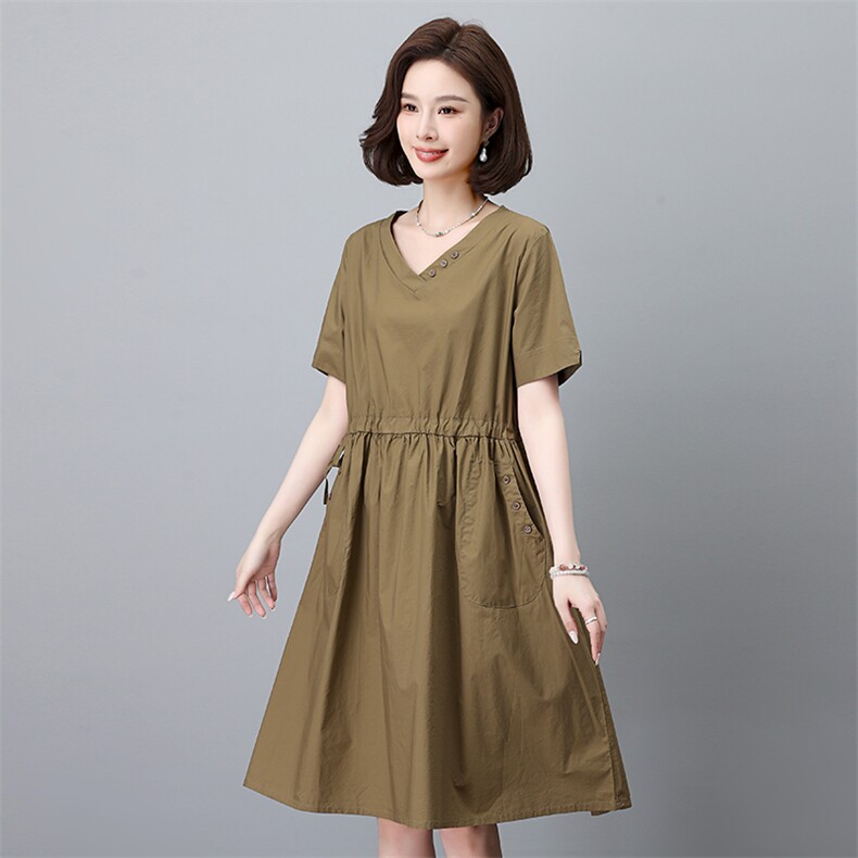 时尚宽松显瘦V领短袖连衣裙优雅气质百搭女装舒适面料,女装连衣裙,叶笙衣