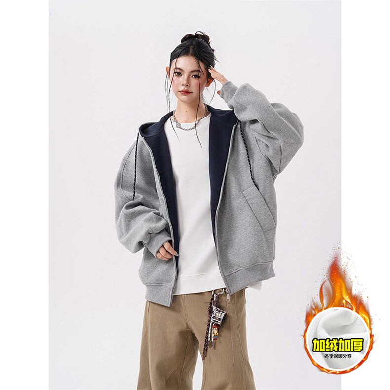 480G重磅加绒硬挺boxy男女秋冬美式高街双层撞色连帽卫衣开衫外套，女装短外套，电商A486-1