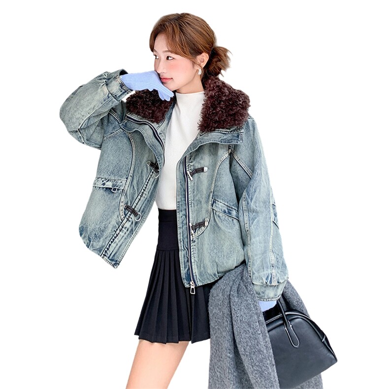淡人蓝色羊羔毛翻领牛仔棉服女冬季2025年设计感时髦保暖休闲棉衣,女装棉衣/棉服,2D078