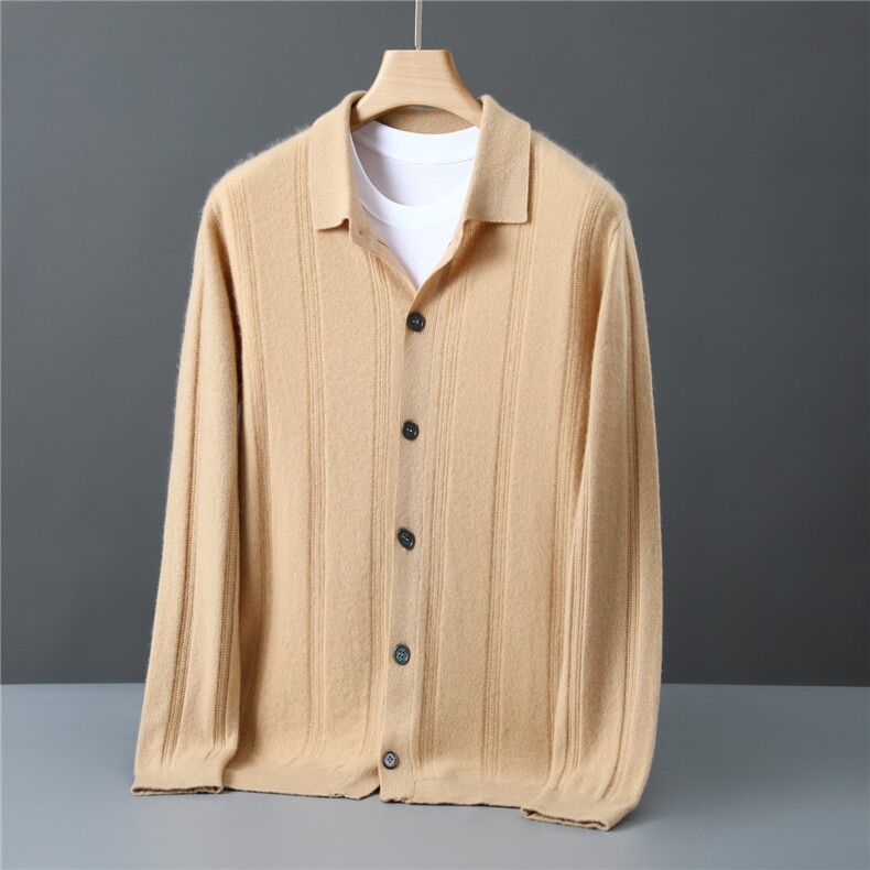 2025舒适百搭商务休闲坑条开衫，男装针织衫/毛衣，嘉日羊绒