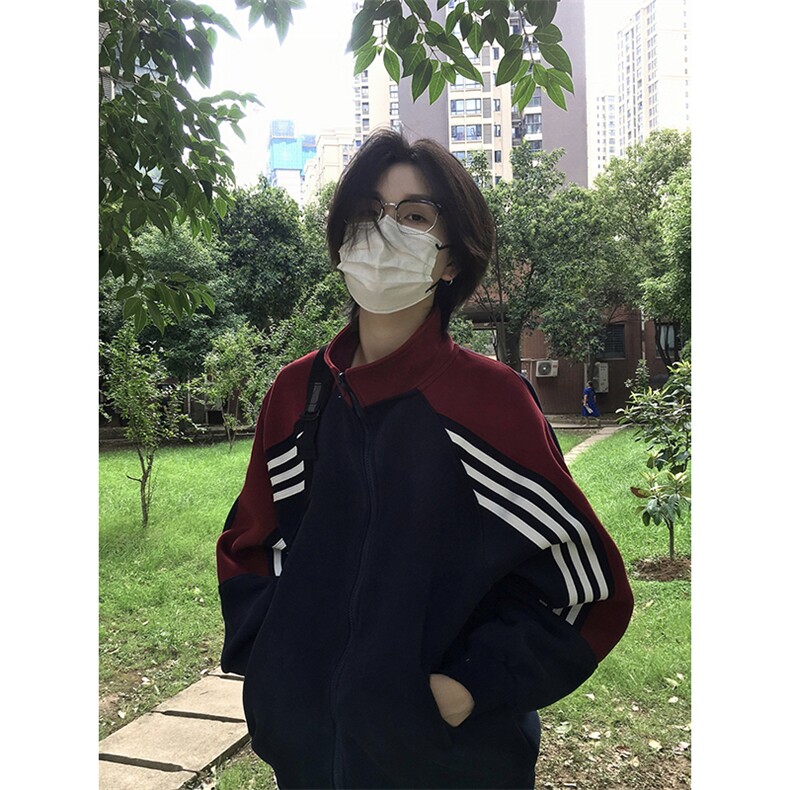 抖音得物高品质美式高街重磅结构织带拼接撞色立领卫衣外套CM41,女装短外套,电商A486-1