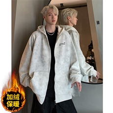 现货美式复古脏脏款卫衣开衫情侣秋冬季加绒连帽休闲外套JK092，男装卫衣，电商C307