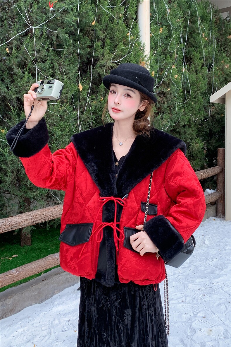 25冬季新年红皮毛拼接新中式鹅绒羽绒服2B082-2276-p365k548,女装羽绒服,2B082