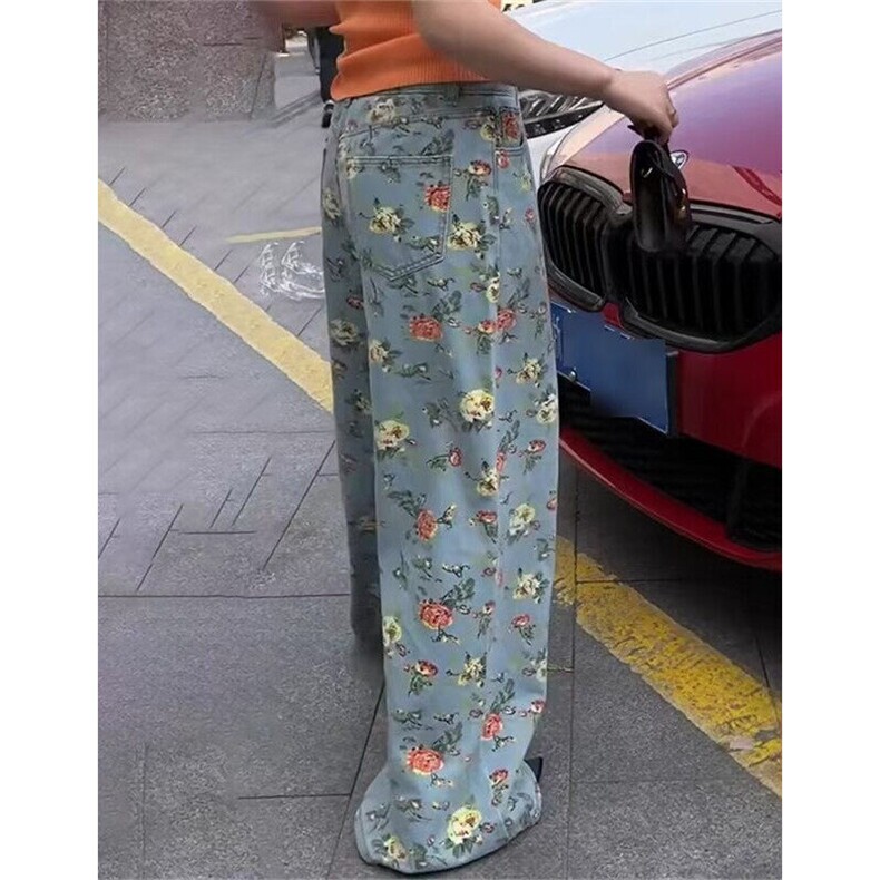 复古港风花朵印花阔腿牛仔裤女夏季百搭碎花拖地裤长裤NA1996,男装牛仔裤,星座1116A（原606A-3）