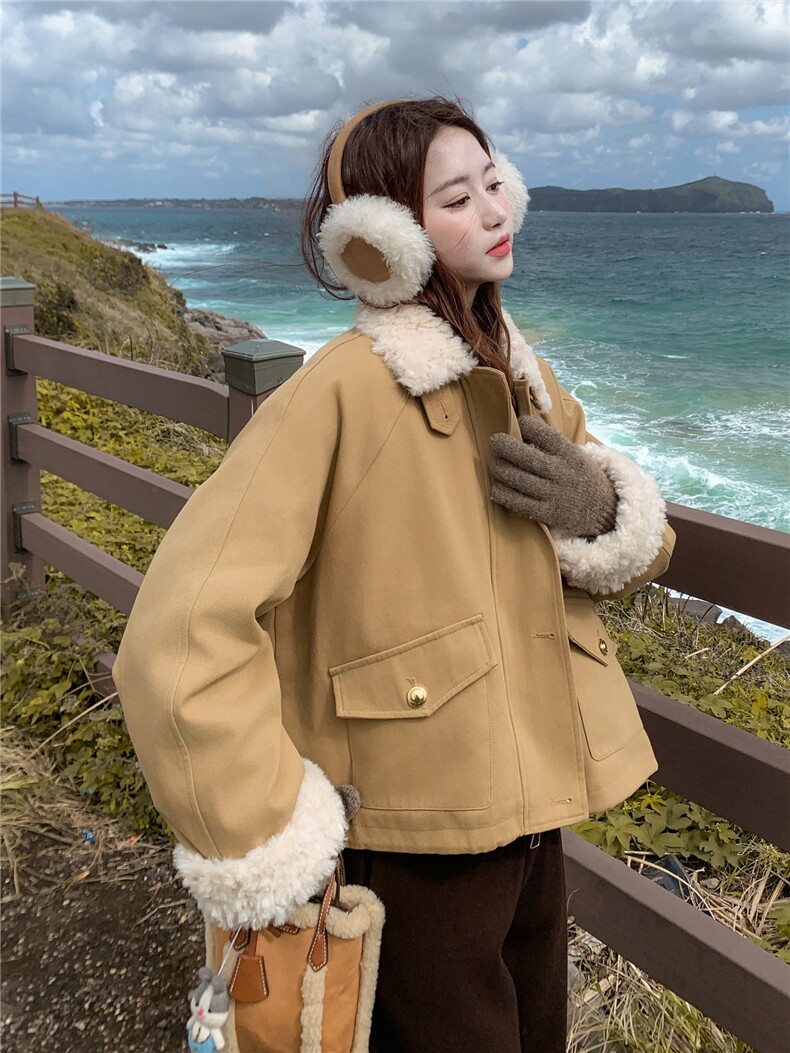 卡其色羊羔毛领拼接短款派克羽绒服女2025冬季小个子加厚保暖外套,女装羽绒服,慧尚2-185