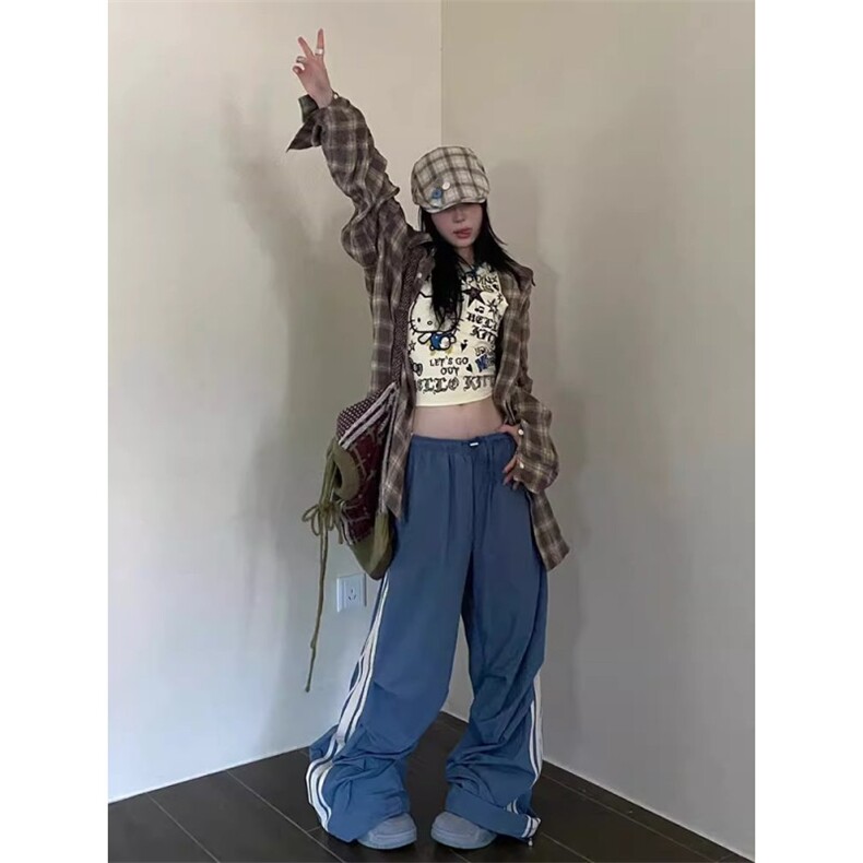 复古休闲裤女春季新款侧边速干阔腿运动裤宽松伞兵裤子MKF503P39,女装休闲裤,星座1013-5