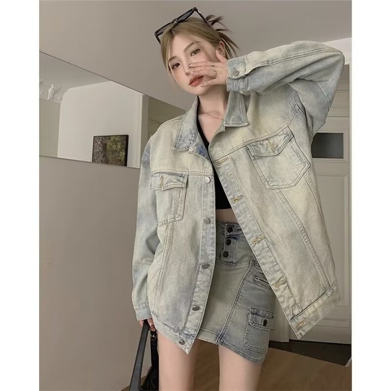牛仔外套高街美式2025新款女款秋废土风黄泥染飞行工装夹克图片