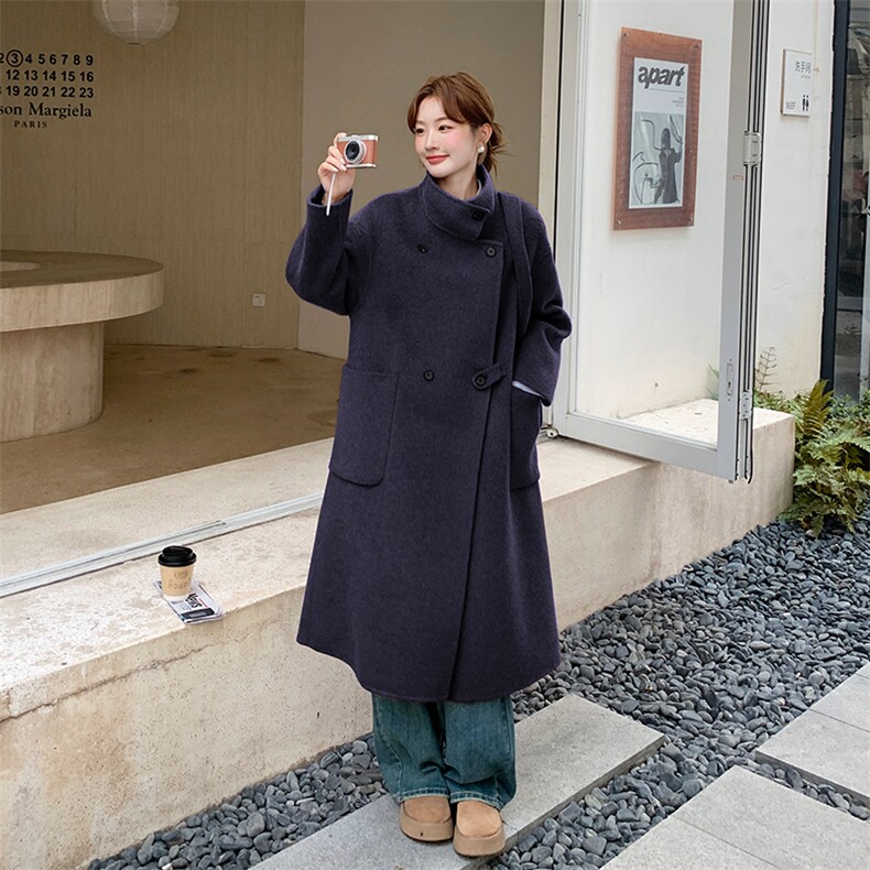 砖红色高级感过膝宽松大衣女中长款2025冬新款保暖休闲时尚外套,女装毛呢外套,欧黛芙妮