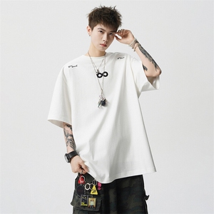wassup happy字母刺绣短袖t恤男夏季潮流美式复古情侣休闲五分袖图片