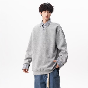 网络图 450g假两件衬衫领卫衣灰色黑色M-XXL XZ212-1-QWT7191-P58，男装衬衫，星座212-1