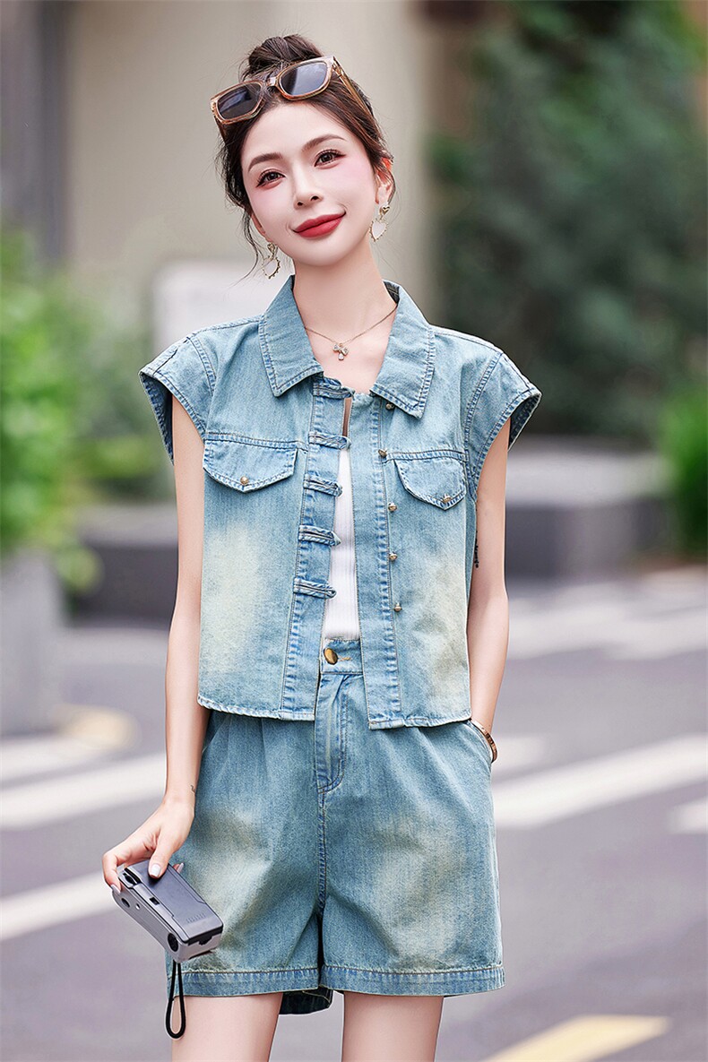 小个子牛仔套装女2025夏季新款高级感时尚气质减龄显瘦短裤两件套,女装套装/套裙,慕依路
