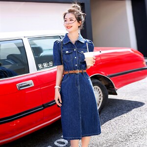 欧洲站牛仔连衣裙女2025年夏季新款气质高腰修身显瘦中长款衬衫裙，女装连衣裙，意芙