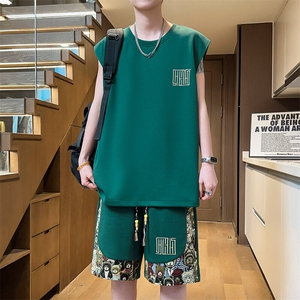 无袖T恤两件套短裤小熊夏季刺绣休闲运动套装男A266-TZ1108-P46图片