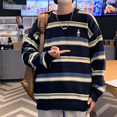 小熊刺绣条纹毛衣男春秋季日系潮牌圆领宽松针织衫M751-P45，男装针织衫/毛衣，星座512-2