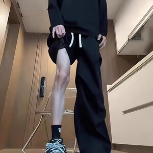 cleanfit褶皱微喇西裤男夏季潮牌黑色垂坠感宽松直筒阔腿休闲裤子图片