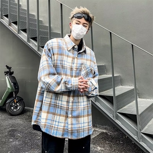春秋季格子衬衫男生外套青少年韩版潮流痞帅长袖衬衣上衣-C266图片