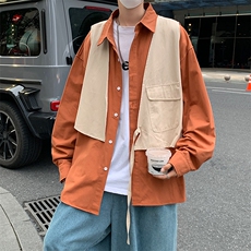 日系复古假两件工装马甲长袖衬衫男女ins风情侣衬衣秋W1604-P45，男装衬衫，星座512-2