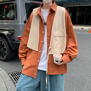 日系复古假两件工装马甲长袖衬衫男女ins风情侣衬衣秋  W1604-P45图片