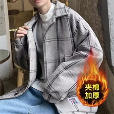 高级感格子毛呢外套男潮牌痞帅宽松休闲情侣夹克秋冬款加厚呢大衣，男装夹克，星座506