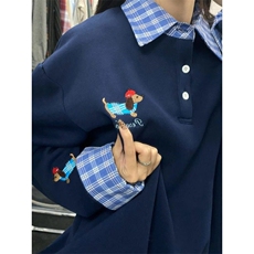 网图现货学院风小狗刺绣卫衣男女秋冬假两件衬衫拼接polo翻领上衣，男装卫衣，星座601-2