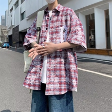 夏季美式复古高街刺绣宽松短袖格子衬衫男情侣潮牌衬衣CS372-P40，男装T恤，星座1008-1