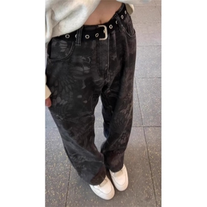 美式高街黑色印花牛仔裤男潮牌痞帅炸街裤子KS6031常规P44加绒P52图片