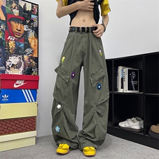 2025夏季新款直筒工装裤男女美式宽松花花刺绣伞兵裤KZ0126-P70，男装工装外套，星座308B-1