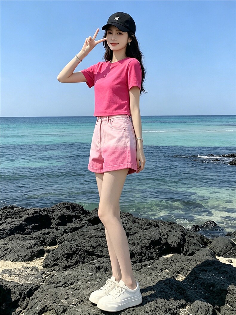 欧韩时尚潮流套装女夏新款玫红色圆领短袖上衣粉色牛仔短裤两件套,女装套装/套裙,江南