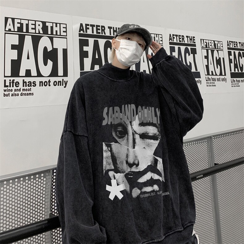 水洗做旧加绒加厚卫衣男23冬高领抽象印花打底衫XZ514-2-X59-P78,男装T恤,星座514-2(原B239)