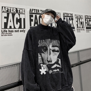 水洗做旧加绒加厚卫衣男23冬高领抽象印花打底衫 XZ514-2-X59-P78图片