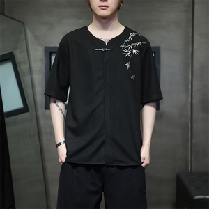 新中式金属扣风潮T恤短袖民族服竹子刺绣汉服时尚T2410-P55图片