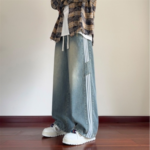 条纹撞色牛仔裤男款春秋季美式复古宽松直筒裤水洗潮牌大码阔腿裤图片