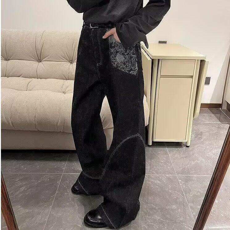 2025夏季原色牛仔裤男美式cleanfit复古拼接提花解构宽松阔腿长裤，男装牛仔裤，星座506A