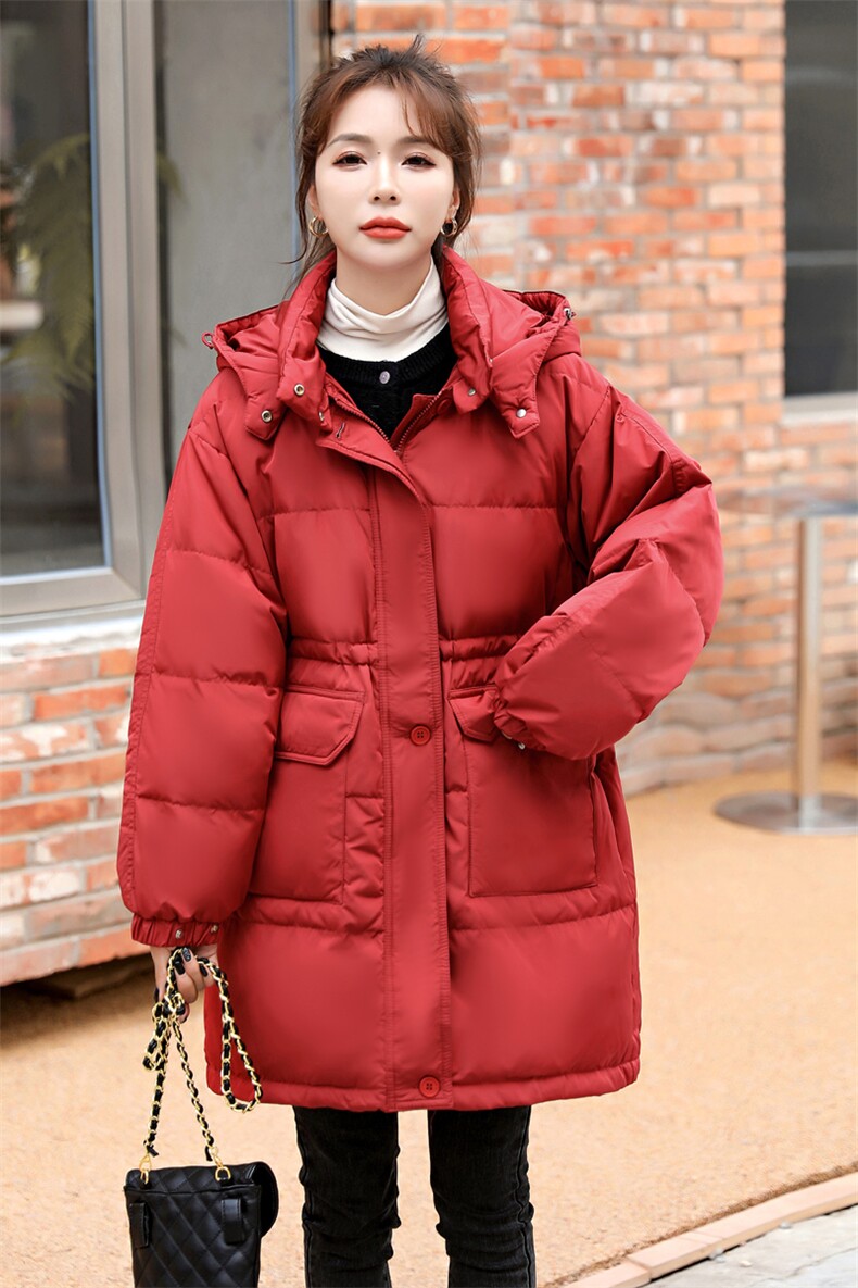 羽绒服女冬季2021新年红圣诞时尚修身过膝冬中长鸭绒品牌外套,女装羽绒服,意芙