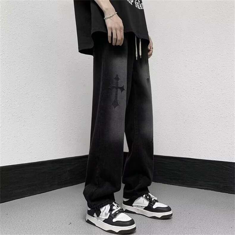 美式复古街头刺绣十字架牛仔裤男休闲直筒长裤子1008-WL8126-p45，男装牛仔裤，星座1008