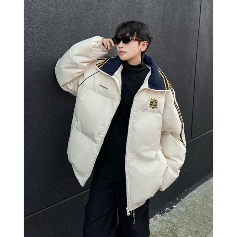 美式复古撞色织带翻领棉衣棉服男冬季加厚情侣面包服外套M9092图片