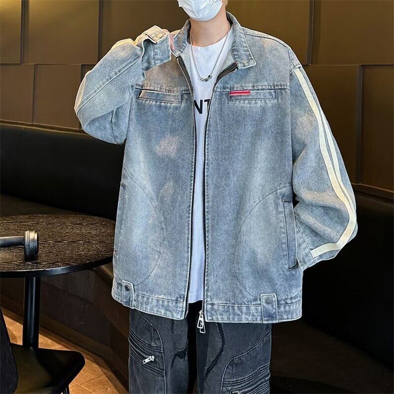 美式2025春季高街帅牛仔外套男韩版潮流条纹拼色ins夹克W6156-P73图片