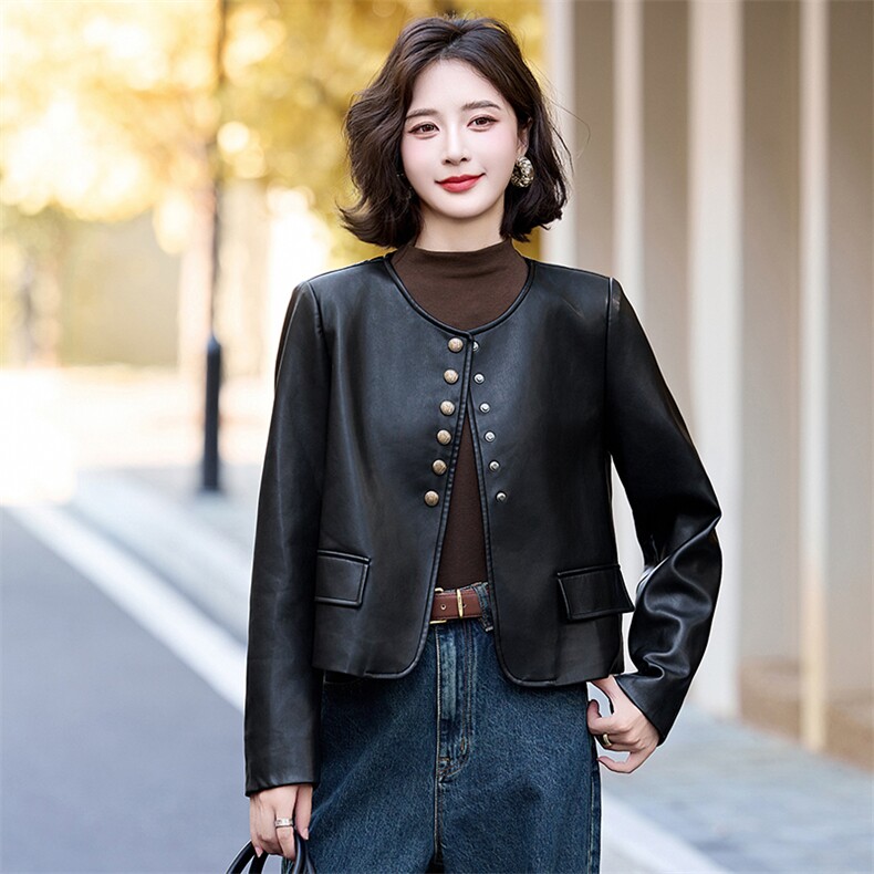 黑色小皮衣外套女2025秋季新款短款夹克休闲高级感单排扣上衣女,女装皮衣,美沁