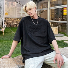 夏季重磅麂皮绒前后美式钢印短袖T恤大码 XZ604-DT307-P45控58，男装T恤，星座604