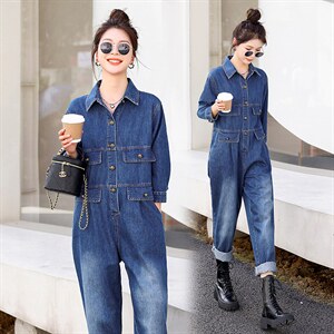 时尚显瘦牛仔连体裤女宽松高腰长袖休闲工装裤百搭气质女装，女装连体裤，秋水欣儿