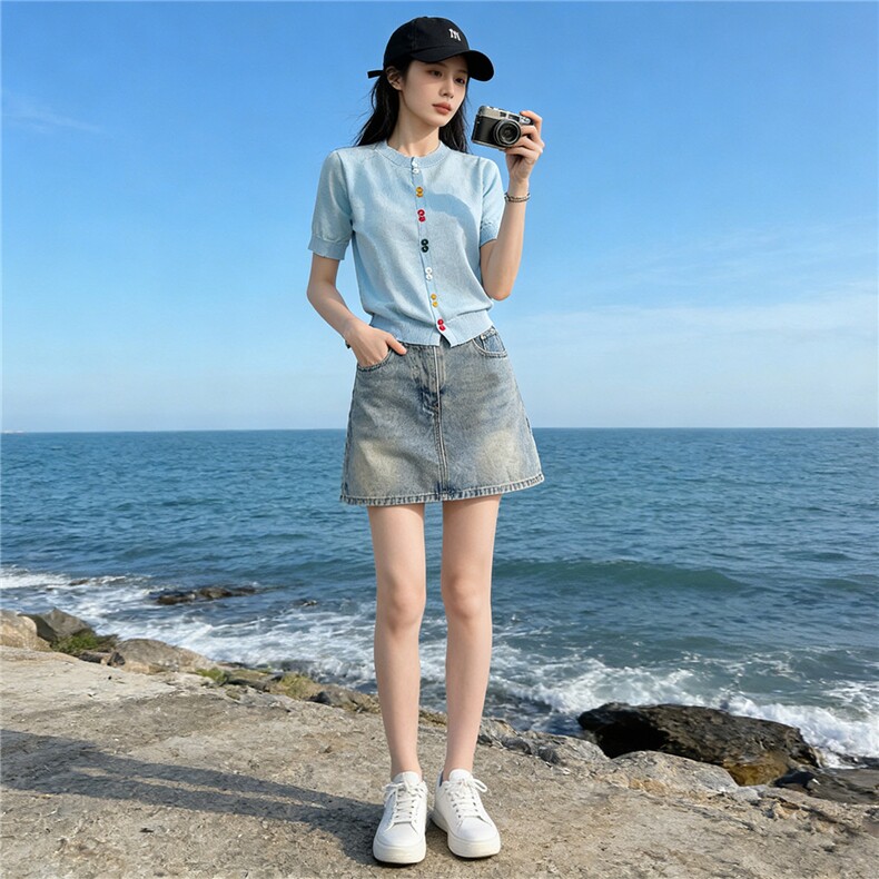 欧货时尚设计感套装女夏新款圆领彩色纽扣针织衫短袖牛仔裙两件套,女装套装/套裙,江南